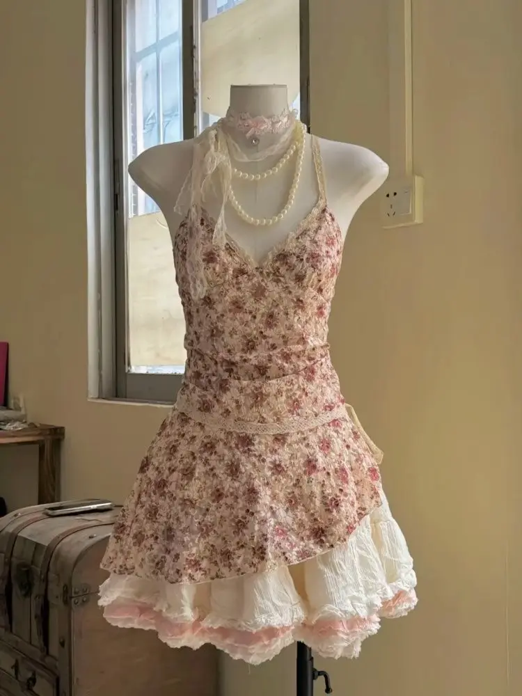 

Японское нежное и милое кружевное платье на подтяжках с цветочным принтом, женская новая летняя короткая юбка, модная