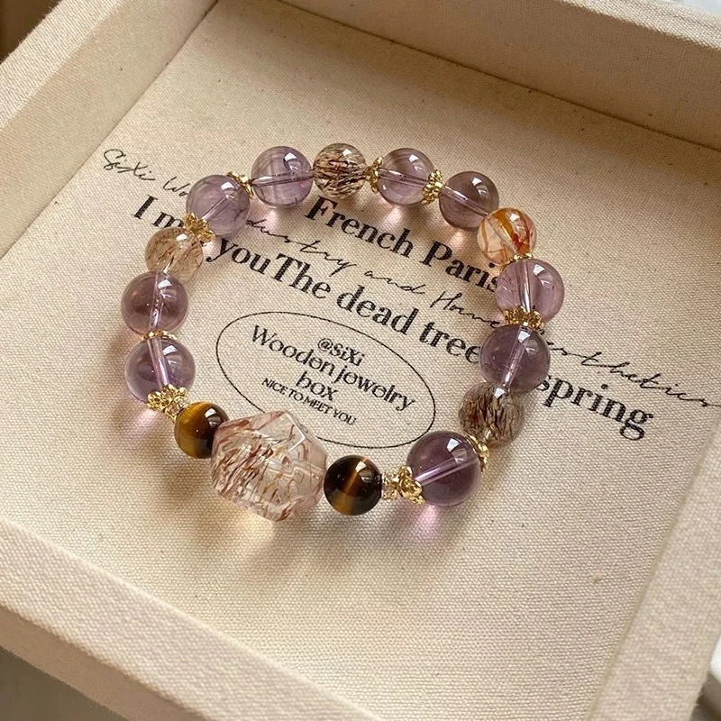 Natural Amethyst Bracelet, Unisex  Amethyst, Yellow Tower Crystal, Tiger's Eye Stone, Black Gold Super Seven Bracelet