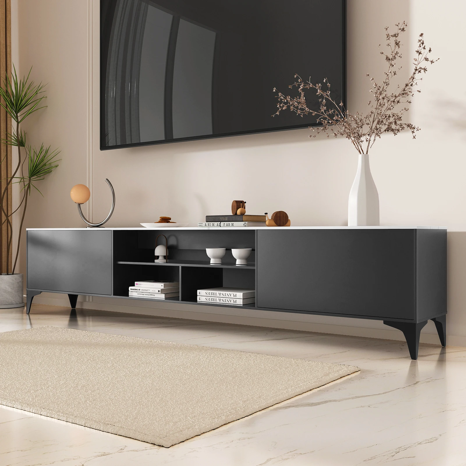 Modern Extendable TV Stand 2 Drawers Entertainment Television TV Media Console Open Storage Shelf For Living Room Media Console