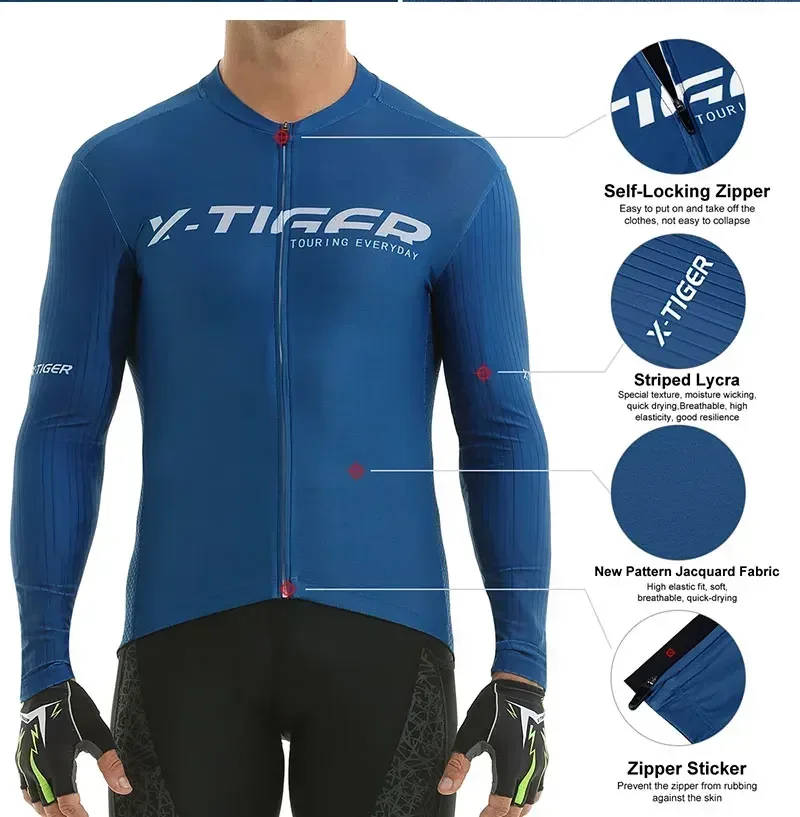 X-TIGER Herren-Radtrikot, langärmelig, durchgehender Reißverschluss, atmungsaktiv, schnelltrocknend, MTB-Rennrad-Oberteil mit Taschen, weich, leicht, elastisch – Detail 7