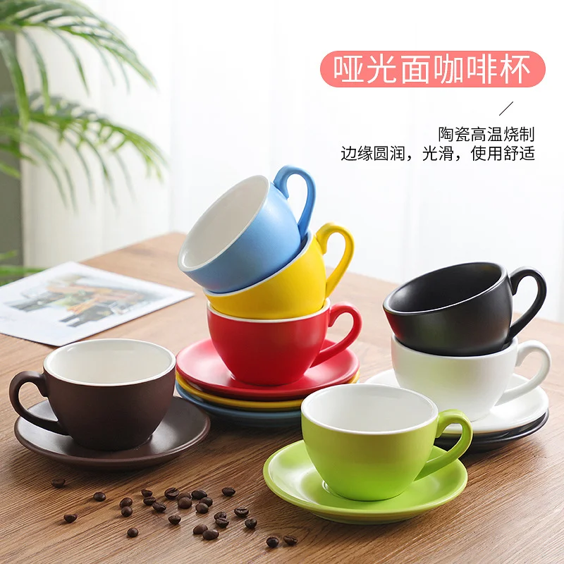 

Color Glazed Coffee Cup and Saucer Set Color European Style Professional Figured Cappuccino Latte Cup Thickened Ceramic 300ml