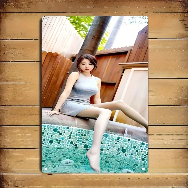 

2D Metal Signs - Outdoor Art: Elegant Sleeveless Dress by Poolside, Durable Wall Decor for Home & Cafes