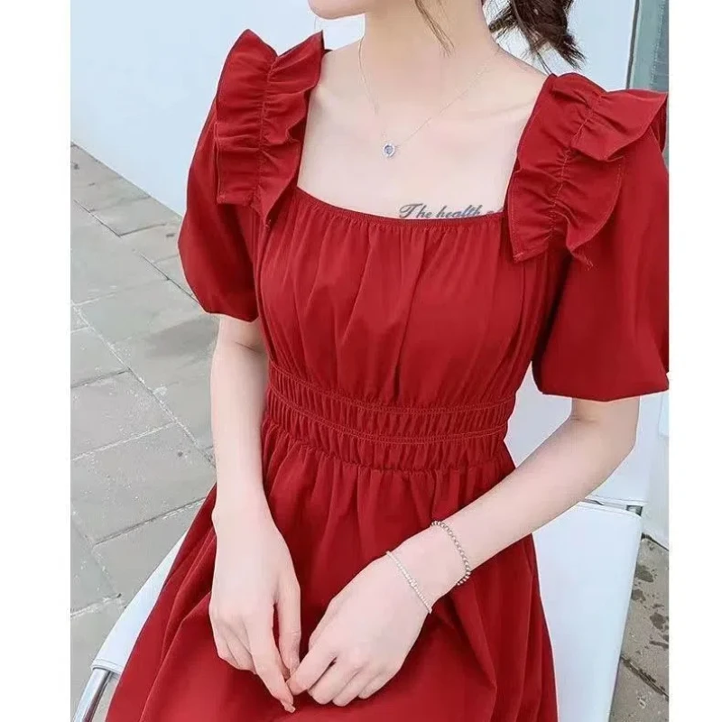 Summer Minimalist Korean Fashion Elegant Square Collar Age Reduction Puff Sleeve Skinny Elastic Knee Skirts A-Line Fairy Dress