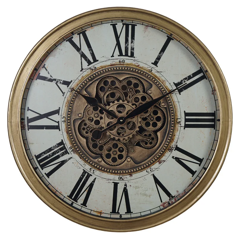 American Metal Retro Rotating Gear Wall Clock Living Room Decorative Creative Clock European Pointer Quartz Clock