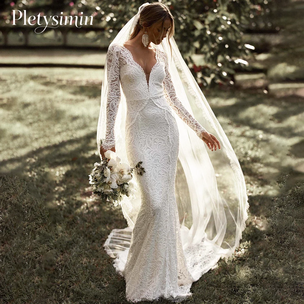 빈티지 레이스 웨딩 드레스 2026 브이넥 오픈 백 긴 소매 보헤미안 신부 드레스 우아한 로맨틱 베스티도 드 노비아 맞춤형