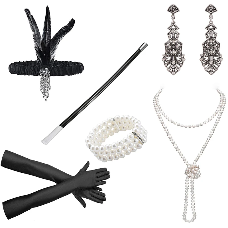 1set 1920er Jahre Flapper Cosplay Kostüm Feder Stirnband Perlenkette lange Handschuh Gatsby Maskerade Zubehör – Detail 7