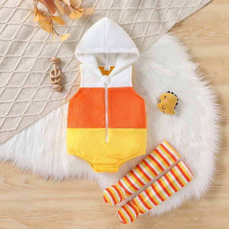 Newborn Infant Baby Boys Girls Candy Corn Color Block Sleeveless Hooded Romper with Striped Leg Warmers Costume 0 24M