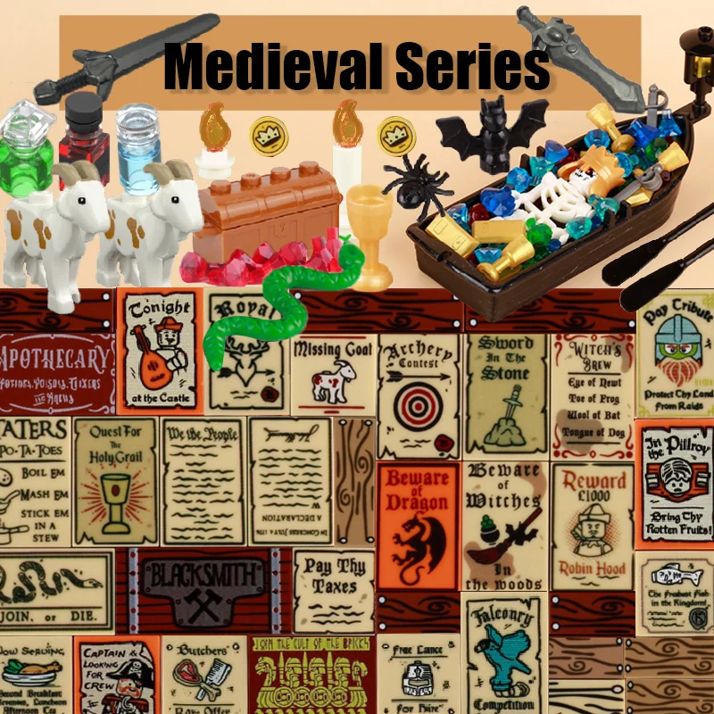 MOC-tablón de anuncios militar Medieval, letrero de carretera de Roma, azulejos impresos, animales de cabra, vista de calle de mediana edad, espada de madera, juguetes de ladrillos