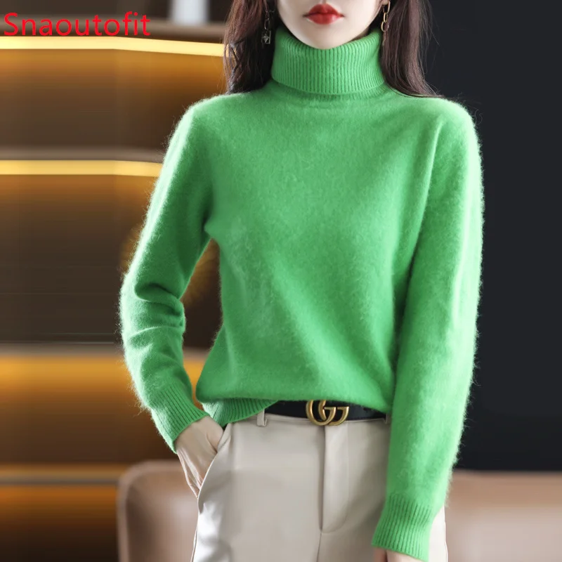 2023 Autumn and Winter New 100% Mink Cashmere Sweater Women's High Lapel Knitted Pullover Large Size Loose Basics Thick Warm Top