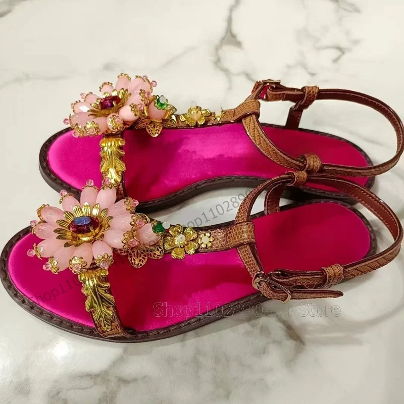 Rose Red Crystal Flower Decor Open Toe Sandals Ankle Buckle Strap Women Shoes Low Top Fashion Banquet 2024 Zapatos Para Mujere