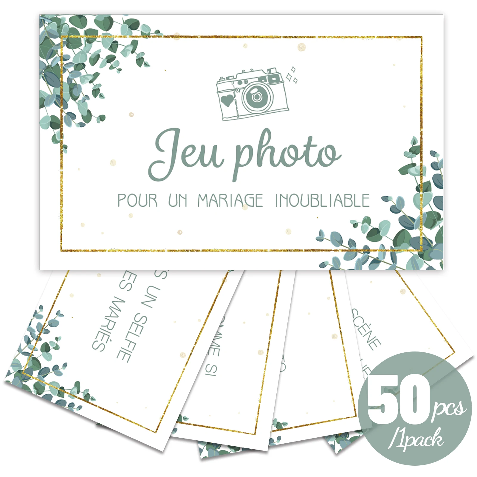 50 French wedding photo challenges, 40 different challenge tasks, and 10 blank and interesting guest wedding cards that can be w