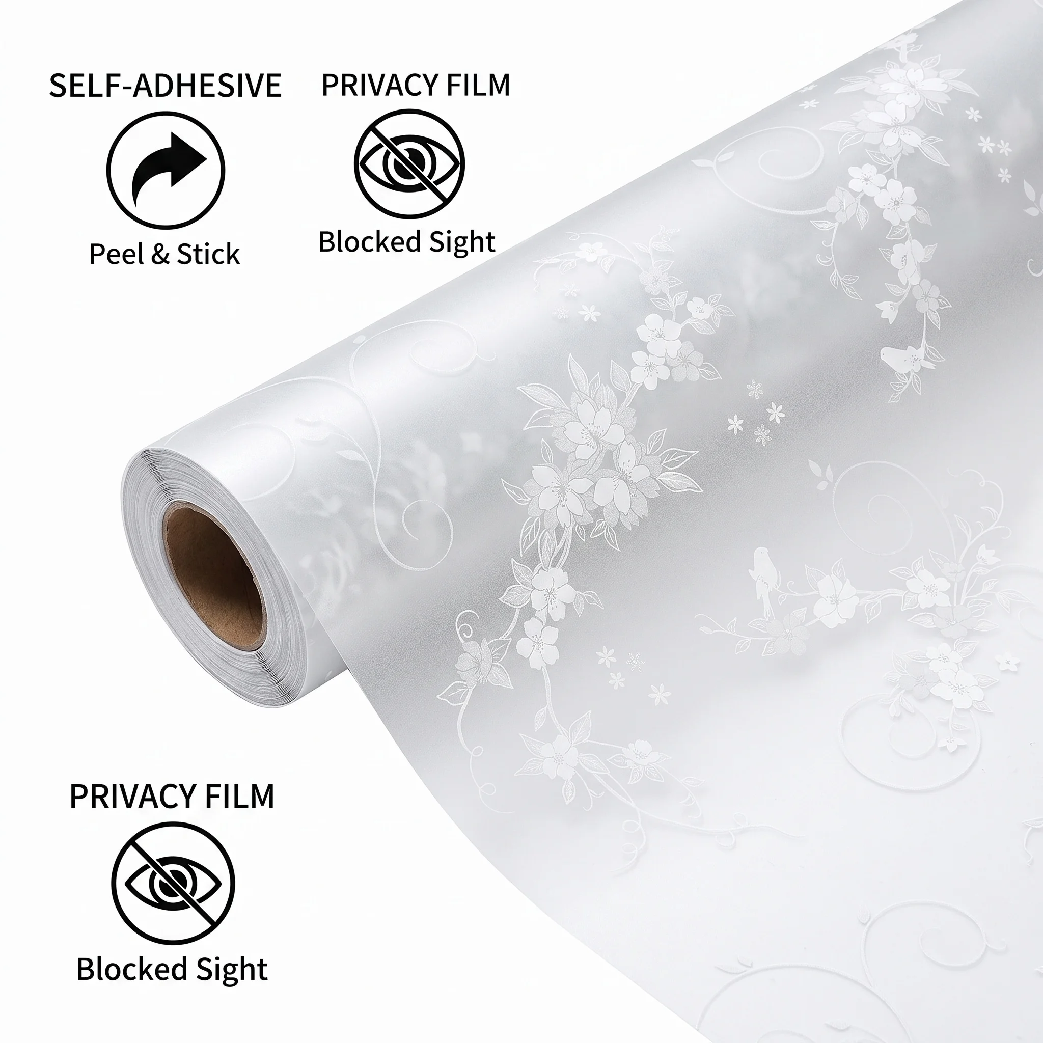 Self‑Adhesive White Floral Vine Window Film Frosted Privacy Glass Sticker Anti‑UV Waterproof Decorative Glass Film for Bathroom