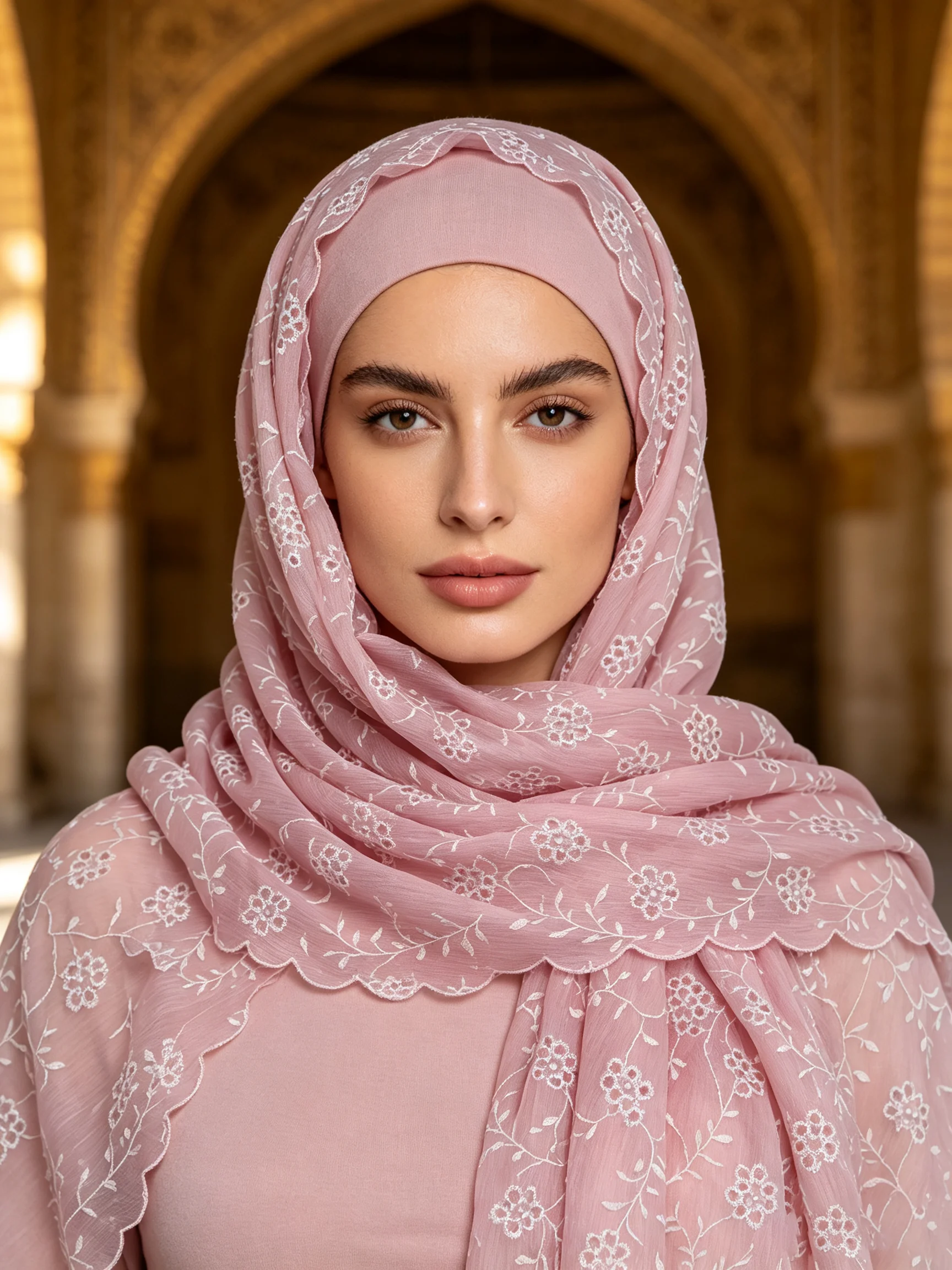Muslim White Floral Vine Embroidery Hijab Scallop Lace Edge Multi‑color Daily Wear Muslim Headscarf Islamic Shawl