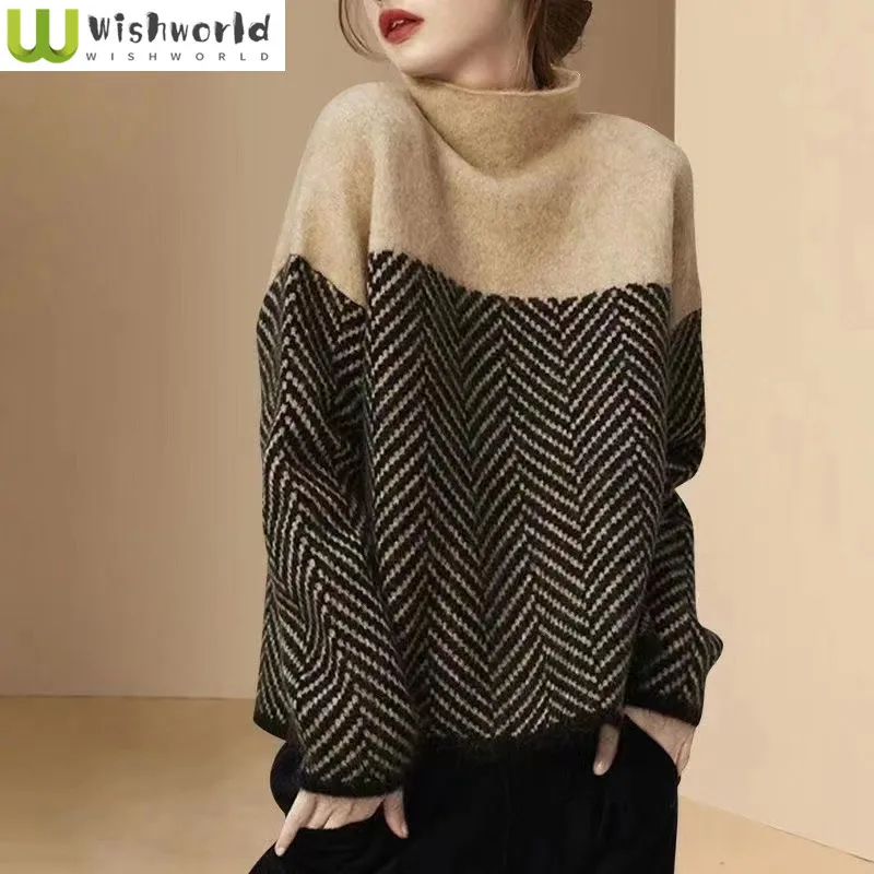 

Japanese and Korean Retro Semi High Neck Knitted Sweater for Autumn and Winter Loose and Fashionable Temperament Sweater