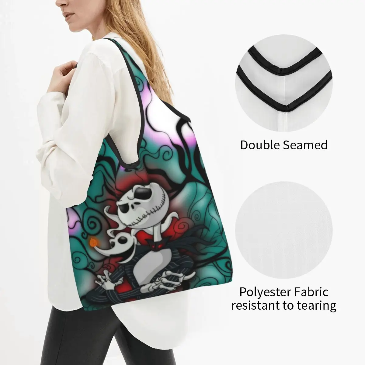 Custom Cute Jack Skellington Halloween Film Shopping Tote Bag Portable Groceries Shopper Shoulder Bag