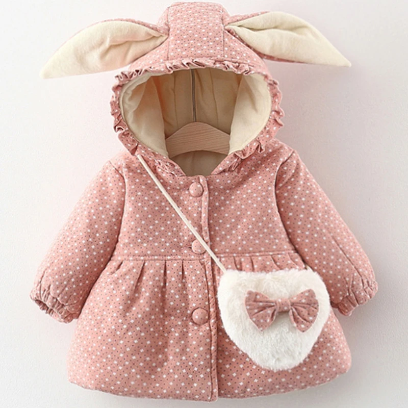 Winter Outerwear Girl Jacket Fashion Cartoon Cute Dot Pink Warm Hooded Thick Baby Tops Korean Kids Clothes Toddler Coats BC2097