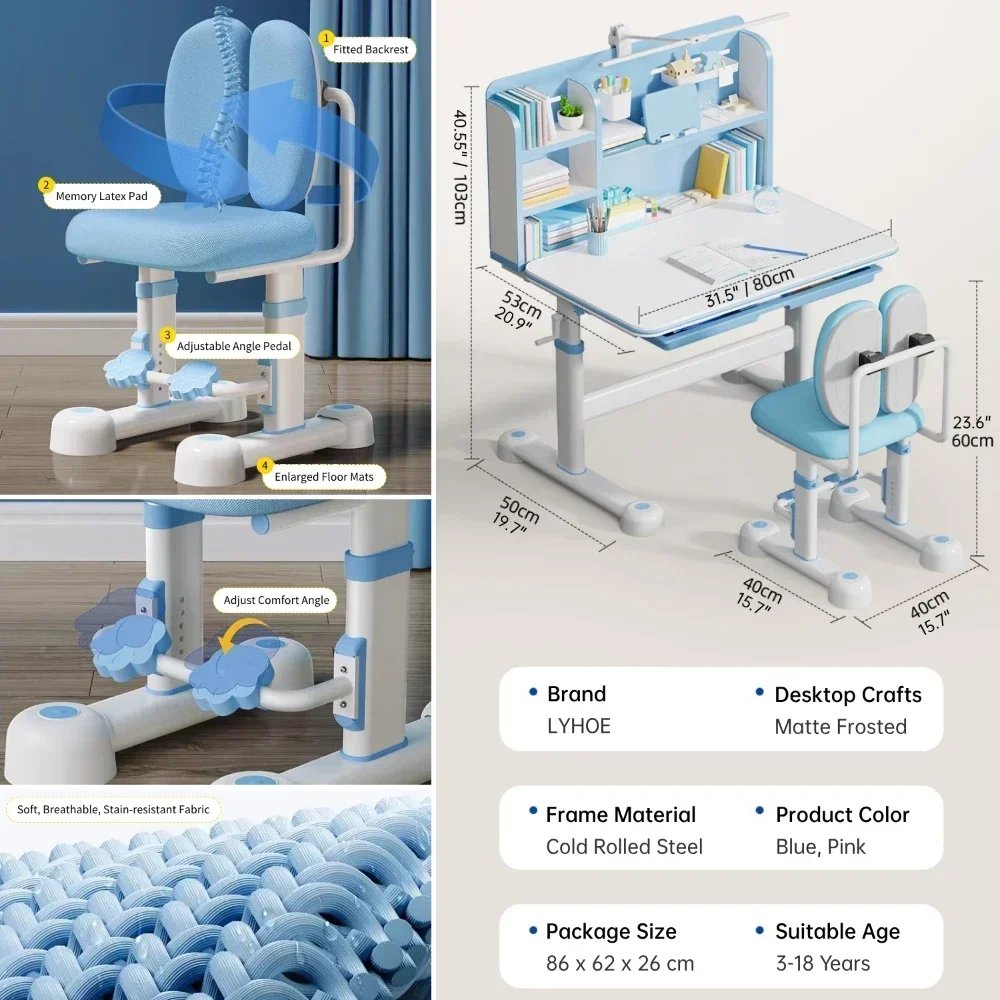 Ensemble de bureau et chaise réglables pour enfants, table d\'étude ergonomique pour enfants, bureau inclinable, poste de travail à proximité,