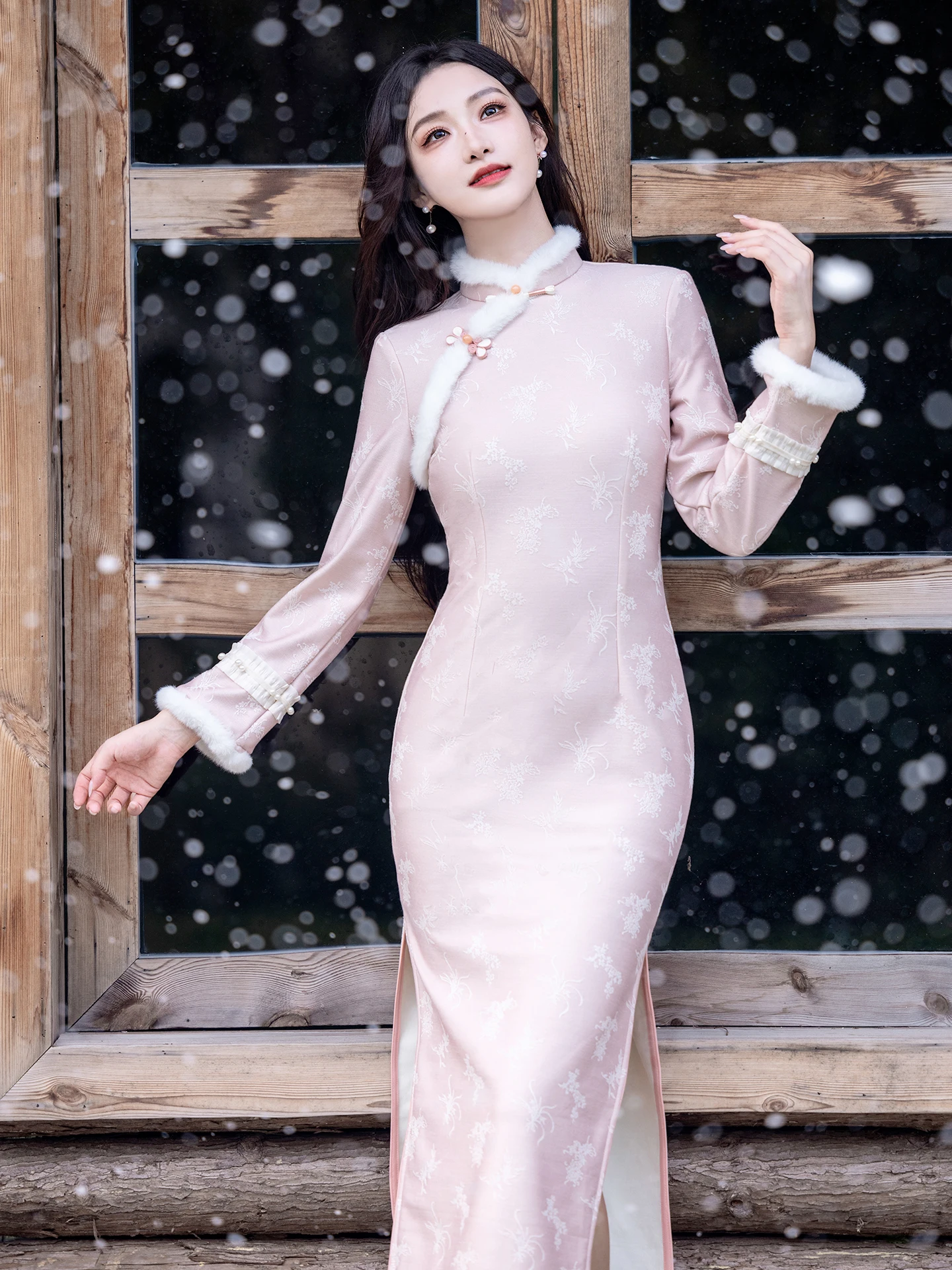 

Pink Retro Chinese Sle Long Sve Fce Lined Thi Winter Qipao Coat Warm Daily Wear with Fur Collar Traditional Chinese...
