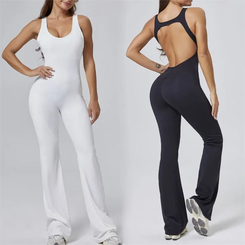 

Women's Seamless Yoga Bodysuit - Naked Feeling Hollow Out Back Booty Lifting Workout Jumpsuit with Flare Leg for Gym Fitness