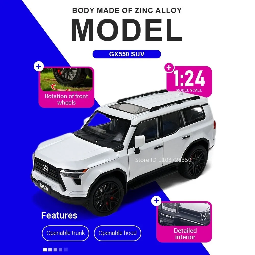 

Машинка-модель Toyota Land Cruiser Prado GX550 в масштабе 1:24, литая, из сплава, с открывающимися дверями, поворотными передними колесами, звуком и светом, внедорожник для детей