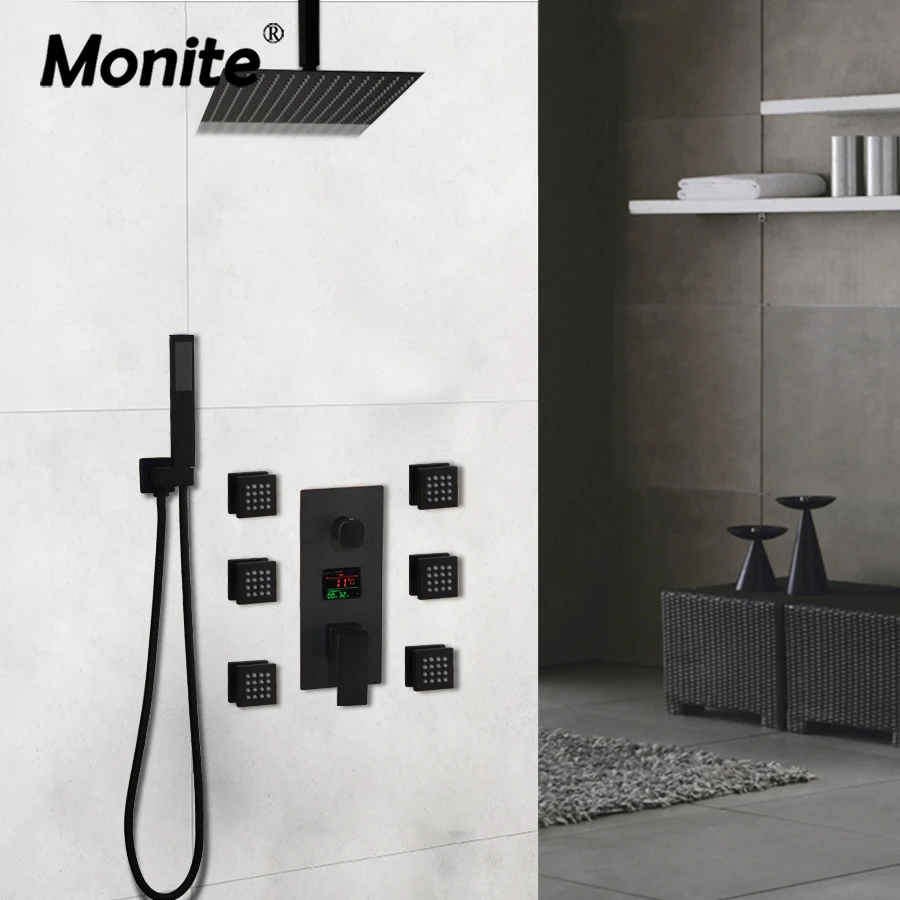 

Дисплей температуры Monite, матовый черный смеситель для душа, спа-массажный набор для душа, набор для душа с дождевой системой для ванной комнаты с ручным душем