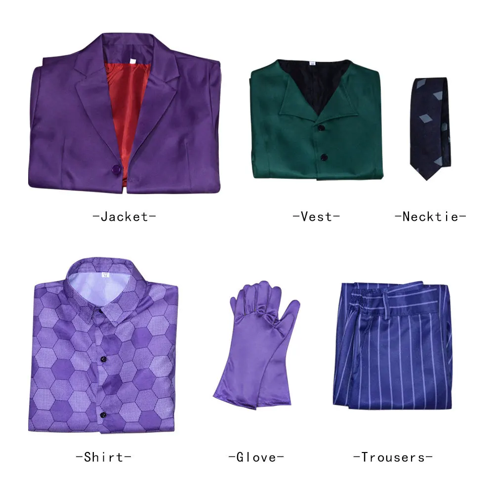 Disfraz de Joker oscuro de murciélago, conjunto completo de payaso, gabardina, camisa, chaleco, traje con corbata, trajes, disfraces de Jokers, máscara para hombres, Halloween