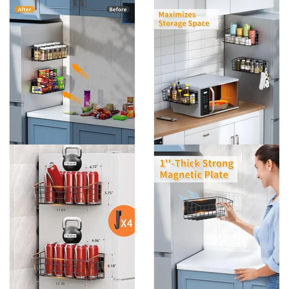 

4-уровневая магнитная полка для специй с крючками для кухни, органайзер большой емкости для холодильника, духовки, шкафа - черный