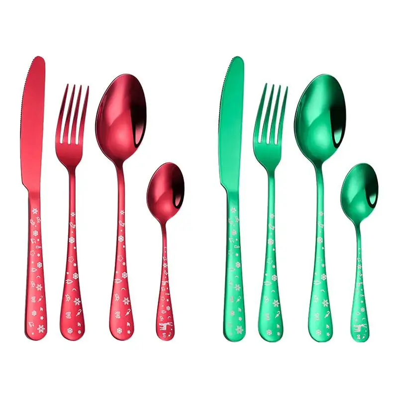 4pcs/set High Quality Christmas Flatware Set Stainless Steel Red Green Dinnerware Knife Fork Spoon Cutlery Dishwasher Safe