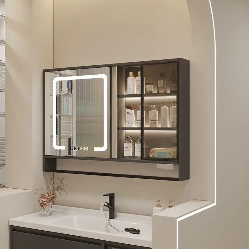 OEM Service LED Aluminum Frame Mirrors Bathroom Mirror With Multi Grid Storage Cabinets