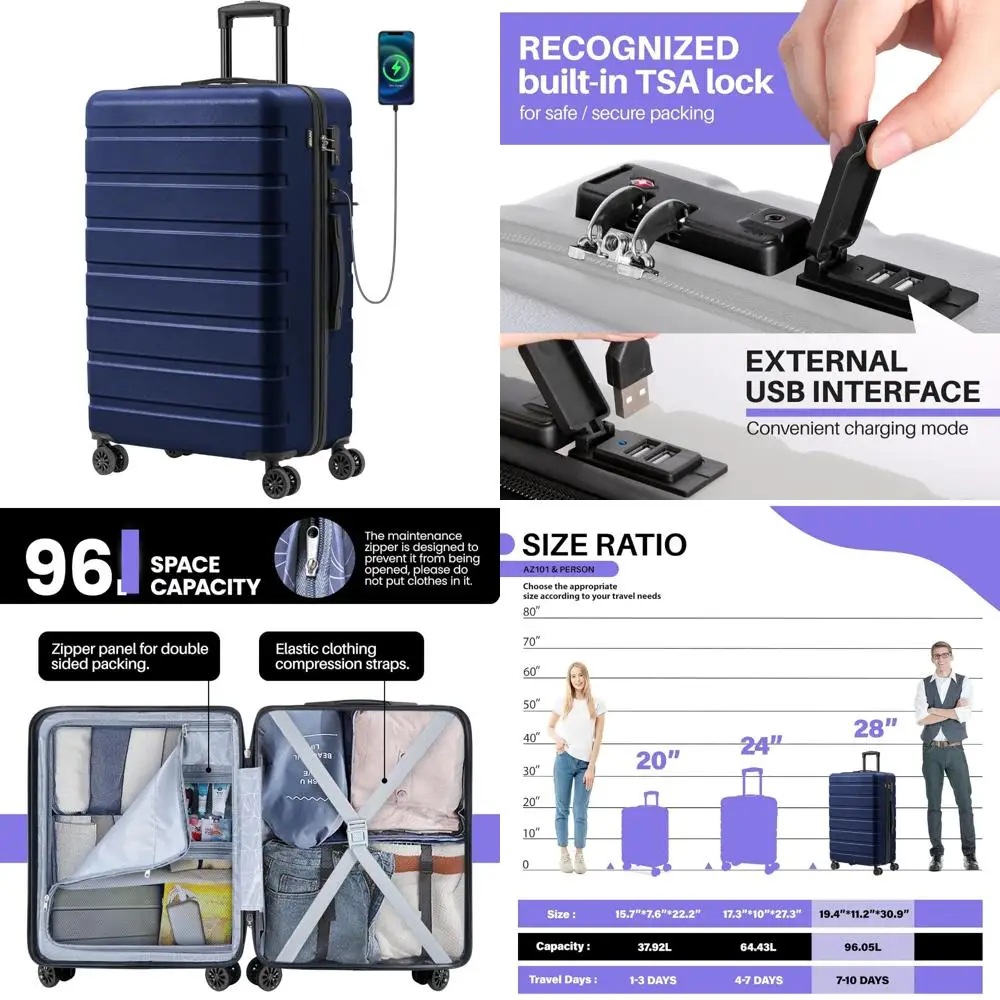 Lightweight ABS Hardside Luggage with USB, Wheels, TSA Lock - Large 28 Inch Dark Blue Checked-In Suitcase