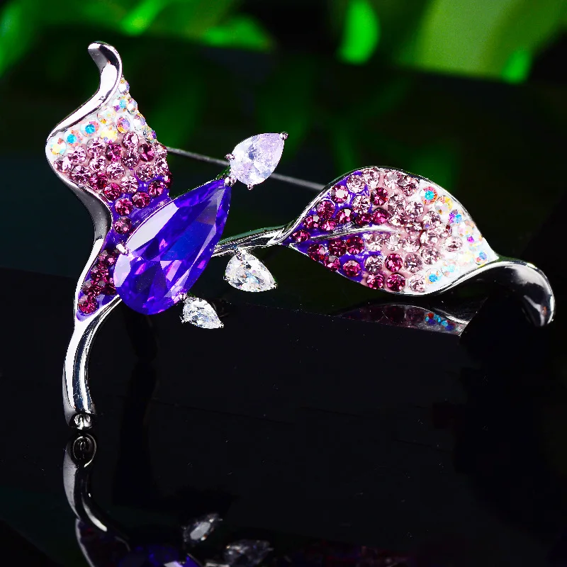

Korean Romantic Purple Zircon Orchid Brooch Pin Creative Design Flower Brooches Plant Clothing Pin for Woman Coat Accessories