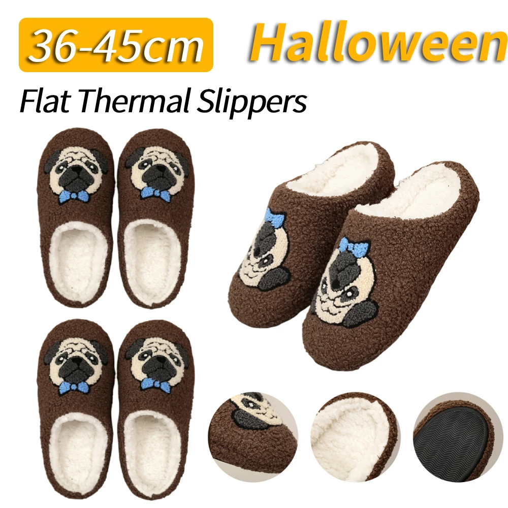 

Плоские термотапочки с рисунком мопса, противоскользящие удобные меховые тапочки, пушистые домашние тапочки на толстой подошве, подарок для друзей