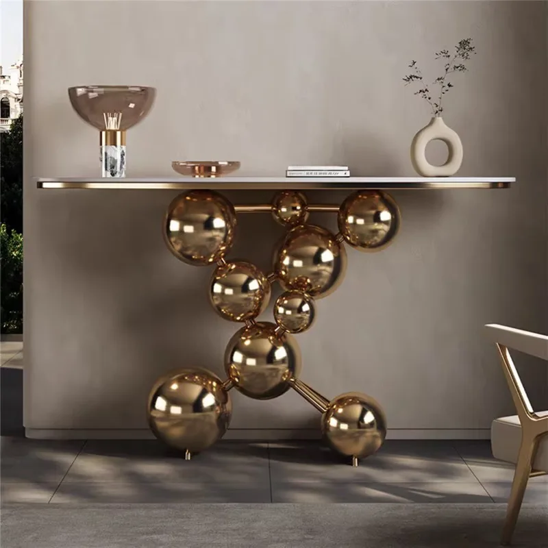 Stainless steel sintered stone entryway console for villas, high-end striped table, modern minimalist corridor feature vie