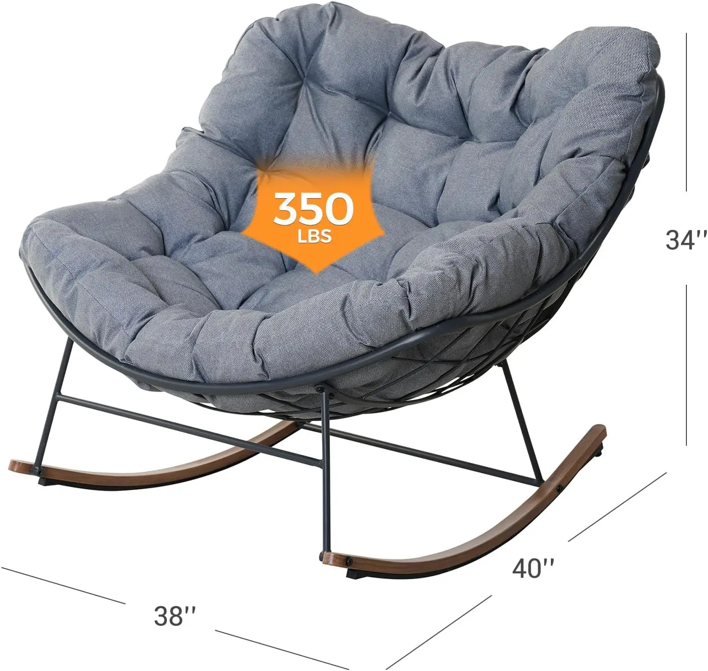 Rochair Outdoor, E-Coated Papasan Rochair With Cushion, Outdoor Rocker Recliner Chair For Patio Porch Garden Backyard, Grey