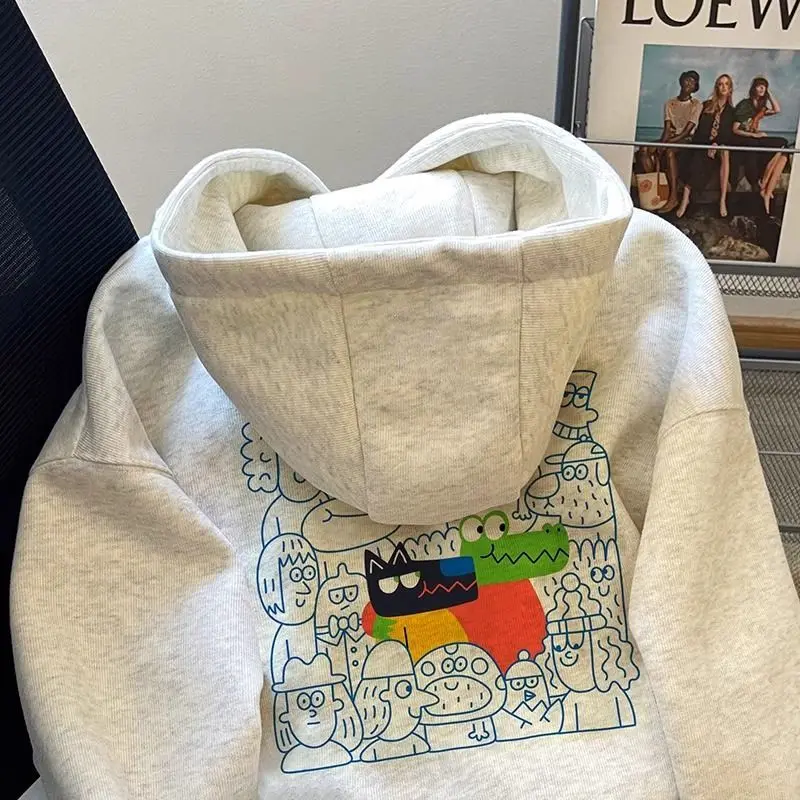 2024 new autumn winter gray hooded sweatshirt for women with niche design, oversized retro and stylish super good-looking top