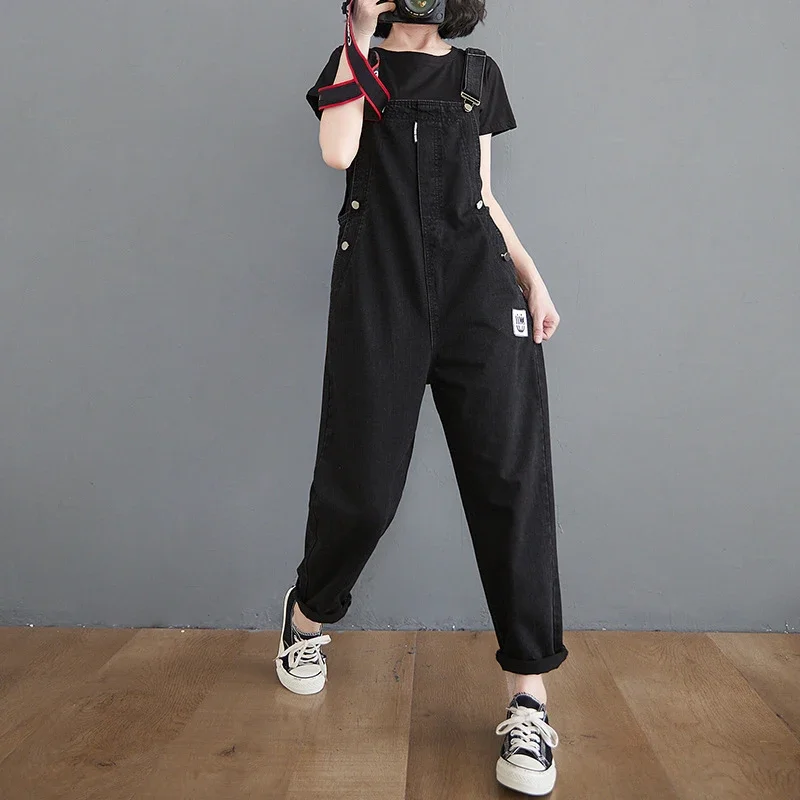 Black Jeans Jumpsuit Women Spring Fashion Side Button Sleeveless Denim Overalls Woman Casual Loose Denim Romper