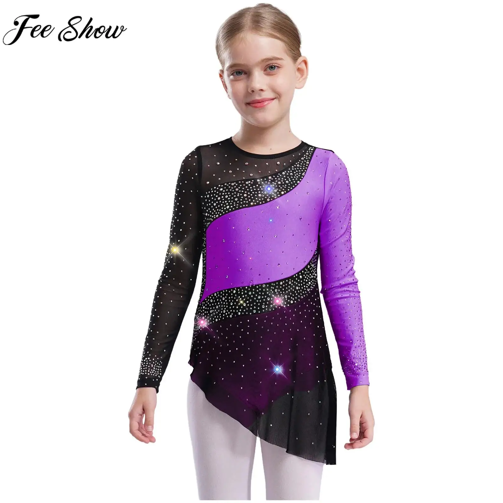 criancas-meninas-patinacao-artistica-danca-lirica-ginastica-acrobacias-traje-manga-longa-brilhante-strass-pura-malha-collant-vestido