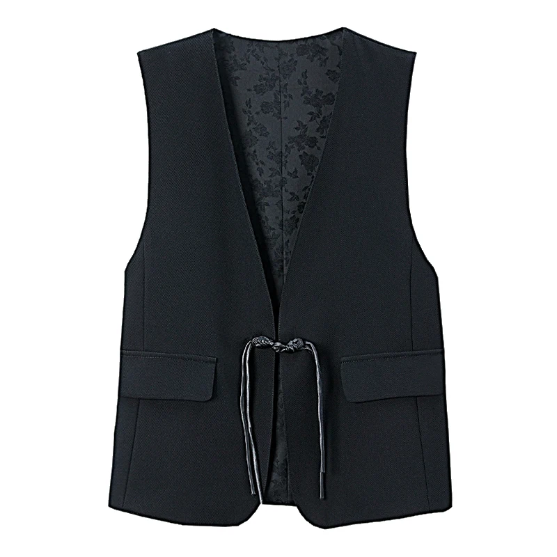 

Double-Sided Wear Floral Embroidery Chinese Sle Vest Women's Casual Large Size Bla Vest Jaet Versatile V-Ne Mid-Length