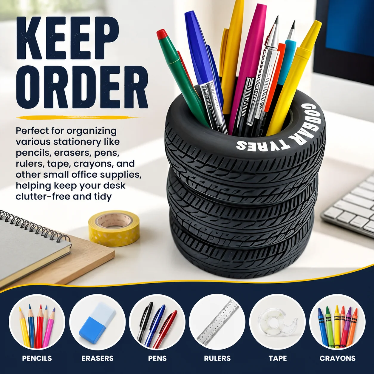 1/3pcs Fun Tire-Shaped Pencil Holders - Durable Black PVC Desk Organizers with Letters, Suitable for School And Office New Year