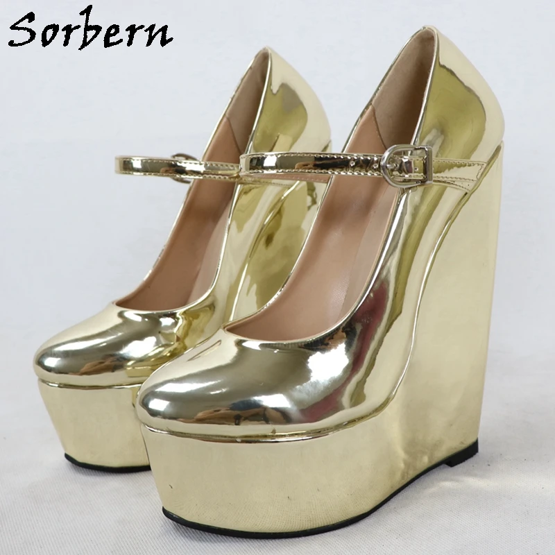 

Sorbern Metallic Gold Mary Jane Women Pump Round Toe Shoes Platform Comfortable Sissy Girls Visible Platform Pump Shoe Custom