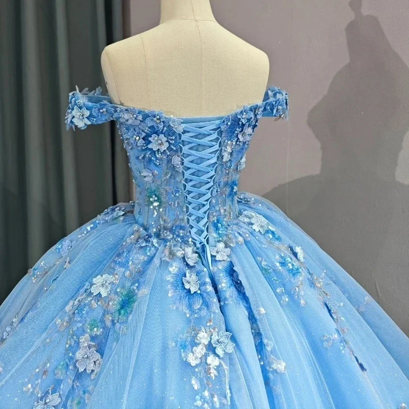 Robes de Quinceanera fourreau bleu ciel clair exquises, appliques de perles, fleurs faites à la main, hors du Rhde princesse initié, quel que soit le doux