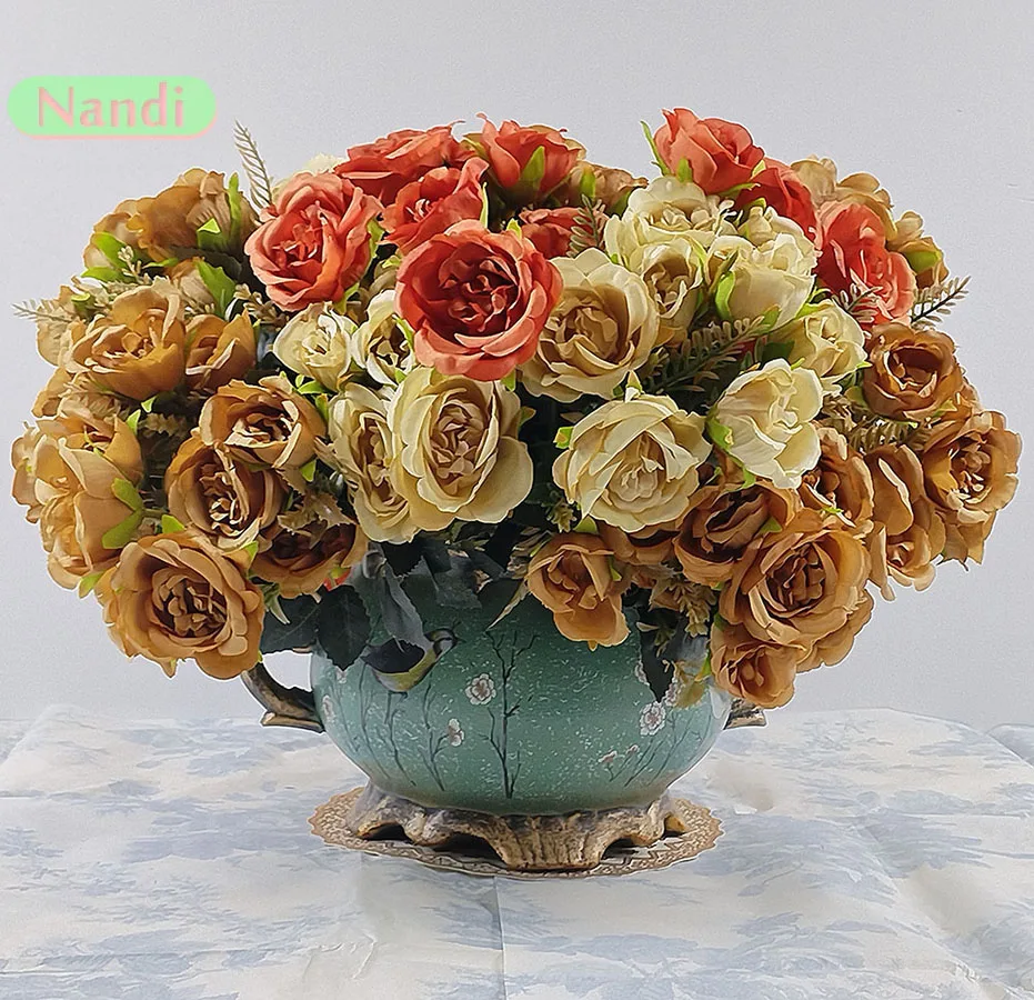 Vintage 8 Heads Artificial Flower Silk Peony Golden Rose Ornament Fake Flower Wedding Table Party Bouquet DIY Home Decor