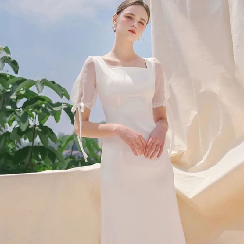 French light wedding dress satin simple designer short sleeve fishtail white evening gown bride