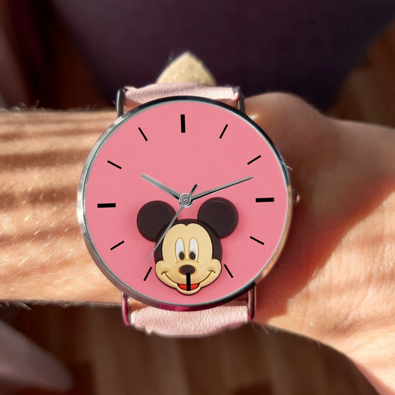 New Disney Pink Cartoon Mickey Children\'s Watch Pu Leather Strap Student Quartz Watch kids watches girls birthday gifts