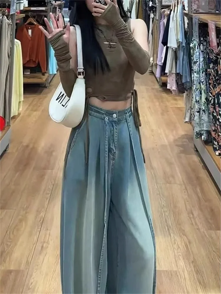 

Прямые джинсовые джинсы с высокой талией, женские тонкие брюки больших размеров, свободные утягивающие широкие брюки из ледяного шелка, осенняя одежда