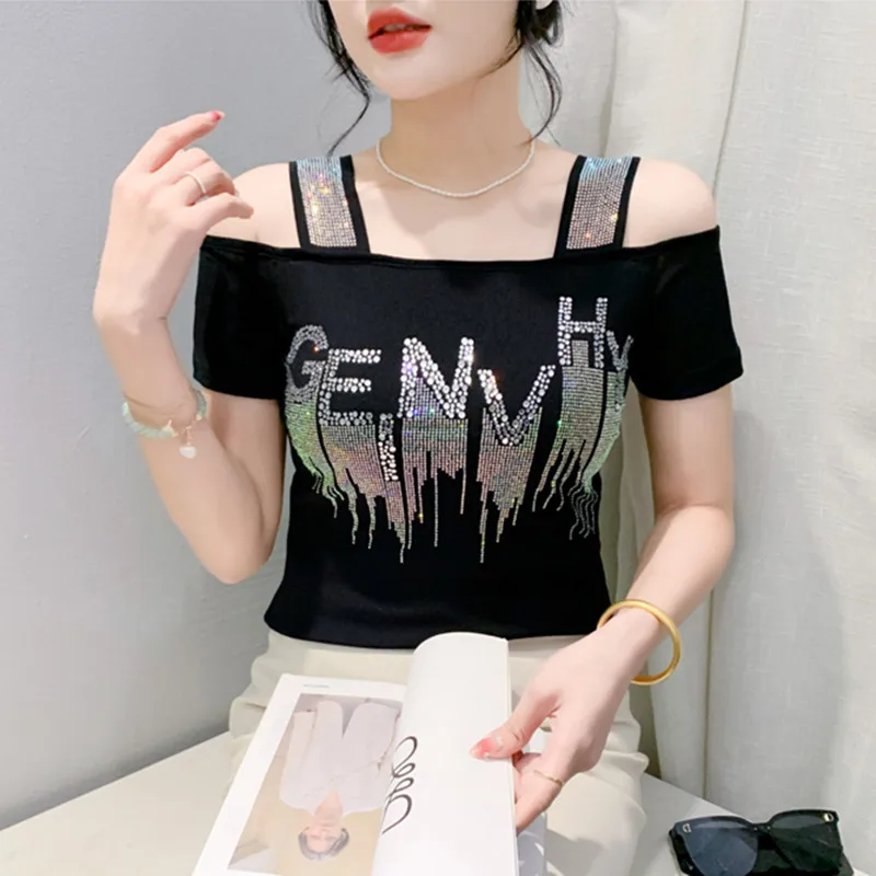 M-3XL Summer New Women\'s Letter Hot Diamonds T-shirt Clothes Sexy Off Shoulder Short Sleeve Tops Luxury Girl Mesh Slim Tees 2024