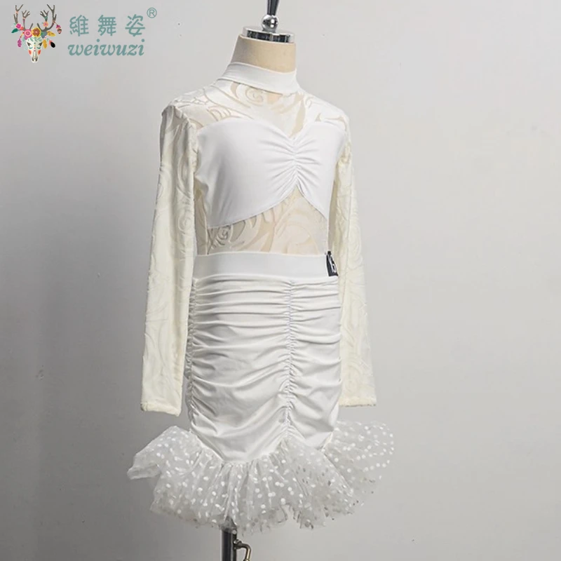 Latin Dance Dress Girls Cha Cha Rumba Tango Dance Costume Fringe Dress White Kids Latin Competition Dress Samba Practice Wear