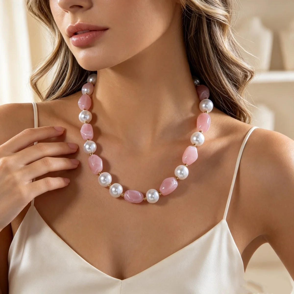 Französische sanfte barocke Halskette mit simulierten Perlen aus rosa Harz für Damen und Herren, elegante, süße, unregelmäßige Perlen, Choker-Schmuck, Geschenk – Detail 7