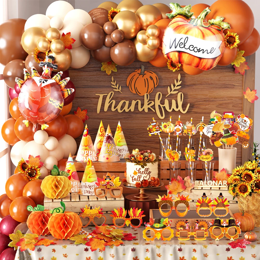 116pcs Autumn Theme Balloon Arch Garland Kit Pumpkin Turkey Foil Balloons Thanksgiving Party Decorations Harvest Festival Supply