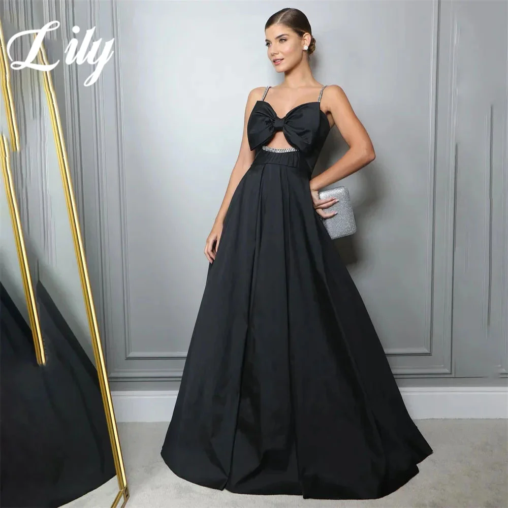 Lily Pink Prom Dress Spaghetti Strap Sleeveless Evening Dress Bow Pleats Satin Party Dress Sexy A-Line Mermaid Robe De Soirée